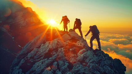 A group of adventurers triumphantly stand at the summit of a majestic mountain, gazing out at the breathtaking view below - obrazy, fototapety, plakaty