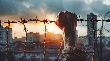 A man stands defiantly behind a barbed wire fence during a public protest - obrazy, fototapety, plakaty