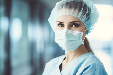 Young female nurse with surgical mask and cap