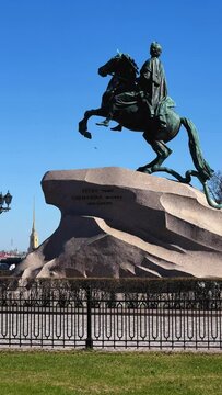 ST. PETERSBURG, RUSSIA - APRIL 16: The Bronze Horseman is a monument to Tsar and Emperor Peter I the Great on Senate Square. The symbol of St. Petersburg. 4К