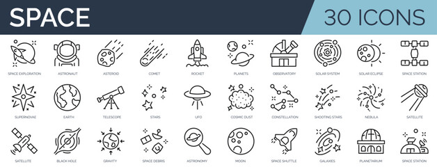 Set of 30 outline icons related to space and astronomy. Linear icon collection. Editable stroke. Vector illustration