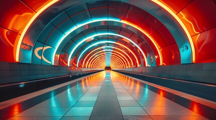 Futuristic Neon-Lit Tunnel Walkway,A striking perspective of a futuristic tunnel, illuminated by neon lights in a symphony of red and blue, creating a mesmerizing pathway that draws the eye forward.


