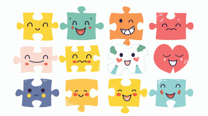 Cute faces emotions puzzle pieces characters. Funny 