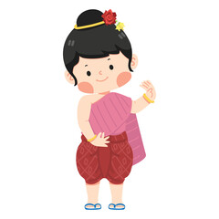 Kid girl in Thai traditional dress cartoon
