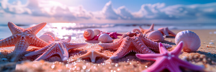bannière web remplie d'étoiles de mer roses posées sur le sable d'un plage - obrazy, fototapety, plakaty