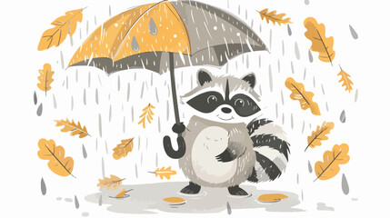 Cute raccoon under leaf umbrella in warm summer rain.