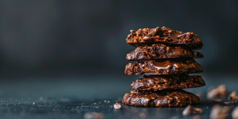 Delicious homemade chocolate cookies with sea salt stacked on a dark surface.