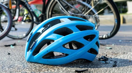 A damaged blue bicycle helmet lies on an asphalt road, suggesting an accident, emphasizing the importance of bike safety.