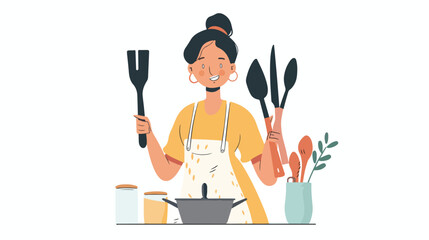 Woman holding kitchen utensils. Hand drawn style Vector