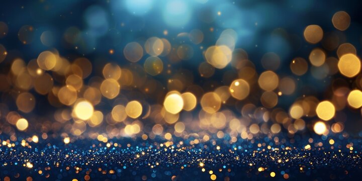 Golden bokeh lights shimmer across a cool blue background, creating an abstract, festive atmosphere suitable for backgrounds or wallpapers.