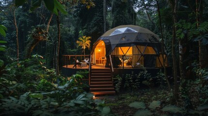 As night falls the geodesic dome glows softly enveloped by lush greenery and the soothing sounds of the forest creating the perfect haven for a restful sleep. 2d flat cartoon.