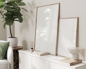 Obraz premium Two frame mockup, Home interior background, Room in beige pastel colors, 3d render