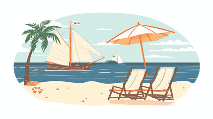 Fototapeta na wymiar Deck chairs and umbrella beach on the beach. Sailing