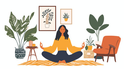 Obraz na płótnie Canvas Woman meditating. Living room. Woman in yoga pose lot