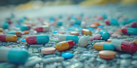 Close-up view of a variety of colorful medication pills scattered.
