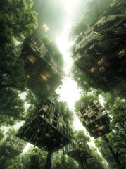 Low-angle view of surreal high-rise buildings levitating in a fantasy forest.