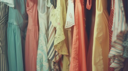 A diverse collection of women's dresses hanging on a clothing rack in a boutique.