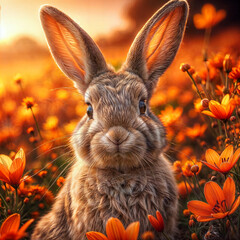 arafed rabbit sitting in a field of orange flowers, rabbit, closeup of an adorable, cute anthropomorphic bunny, portrait of a bugs bunny, close - up portrait, close-up portrait, innocent look. rich vi