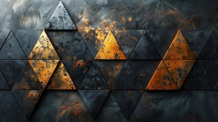 3d rendering of a triangle pattern with a copper texture on a dark background - obrazy, fototapety, plakaty