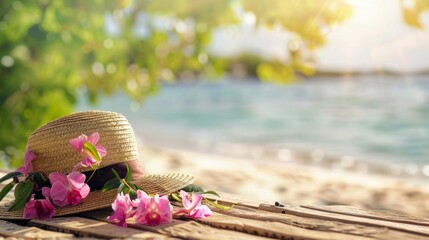 Straw hat adorned with pink orchids on a sunny beach boardwalk, implying a summer vacation.