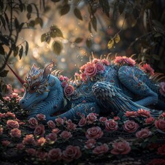 Fototapeta na wymiar A young blue dragon is resting in a nest of roses within a serene landscape.