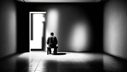 Obraz premium A solitary figure sits by a window in a dimly lit, vintage study, surrounded by wooden paneling and classic paintings, Generative AI.