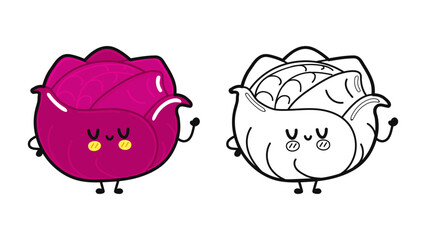 Funny cute happy red Cabbage characters bundle set. Vector hand drawn cartoon kawaii character illustration icon. Cute red Cabbage. Outline cartoon illustration for coloring book