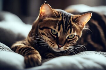 'bengal cat isolated playful white background tabby striped leopard short hair pet pedigree adorable animal beautiful charming claw cuddly curious cute domestic expression eye felino funny fur' - obrazy, fototapety, plakaty