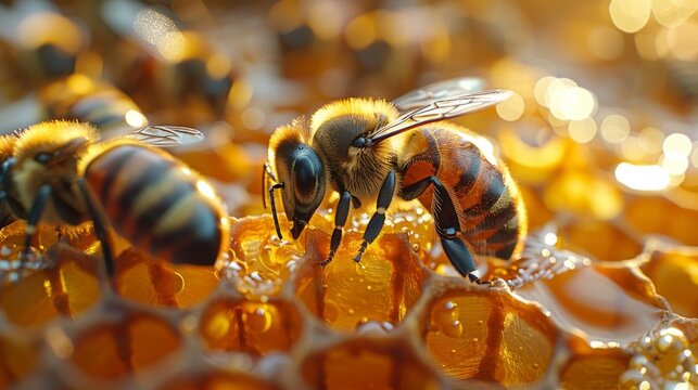 A bee on a honeycomb, up close.