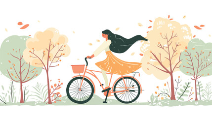 Woman riding a bicycle in park. Vector flat illustration