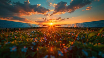 A field of solar panels with flowers in the foreground and a sunset in the background. - obrazy, fototapety, plakaty
