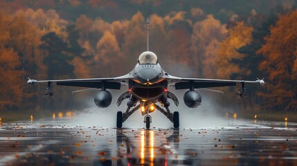 A fighter jet is taking off from a runway. - obrazy, fototapety, plakaty