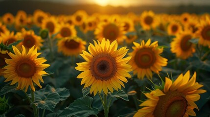 Fototapeta premium A field of sunflowers, with the sun setting in the background