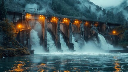 A hydroelectric dam with water flowing over it at night. - obrazy, fototapety, plakaty