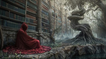 Mysterious Hooded Figure in Red Cloak Sitting in an Enchanted Forest Library