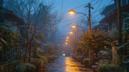 A photo of an empty wet street with bare trees and bushes on both sides and a row of street lamps in the middle. There is a slight fog and the street lights are reflected in the wet pavement. - obrazy, fototapety, plakaty
