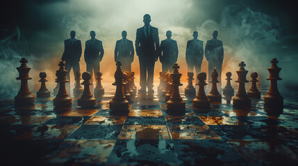 group of businessman on chess board, business strategy concept - 792696530