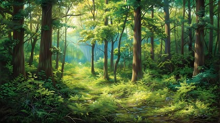 an enchanting forest scene, early morning sunlight gently filters through the canopy of tall trees