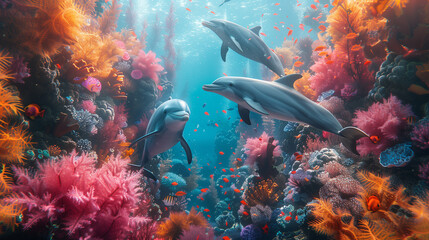Fototapeta na wymiar dolphins with colorful reef under sea