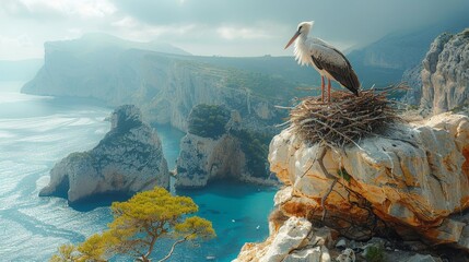 Fototapeta premium A stork is standing in its nest on a cliff overlooking the Mediterranean Sea.