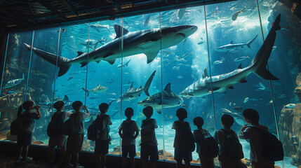 group of people looking big shark in aquarium