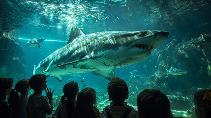 group of people looking big shark in aquarium
