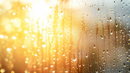 Rain drops on a large window with the sun in the background