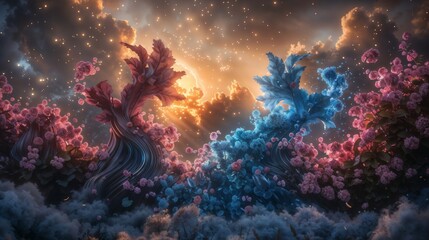 Fantasy landscape with surreal flowers and sky.