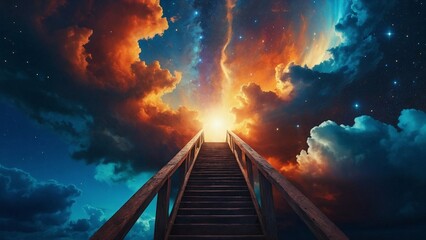 Fantasy stairs, way into another dimension, merging with clouds of different colours, pink, blue,...
