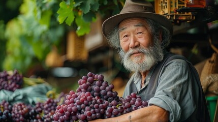 An old man with a long white beard is standing in a vineyard. He is wearing a brown hat and a green shirt. He is holding a large bunch of purple grapes. The background is blurry. - obrazy, fototapety, plakaty