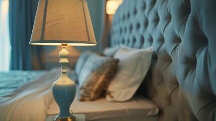 Close up of rustic bedside table lamp near bed with wood headboard. Interior design of modern bedroom.