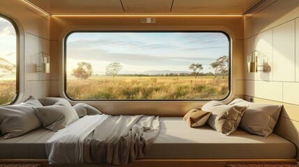A spacious and airy sleeping car with large windows offering stunning views of passing landscapes as you drift off to sleep. 2d flat cartoon.