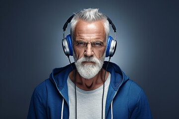 Portrait of stylish senior man with white hair and beard wearing blue hoodie and headphones