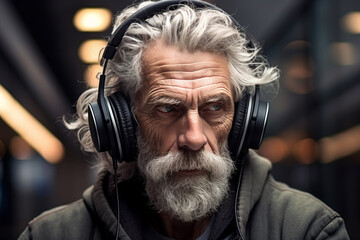 Fashionable elderly man with a beard listens to music with headphones